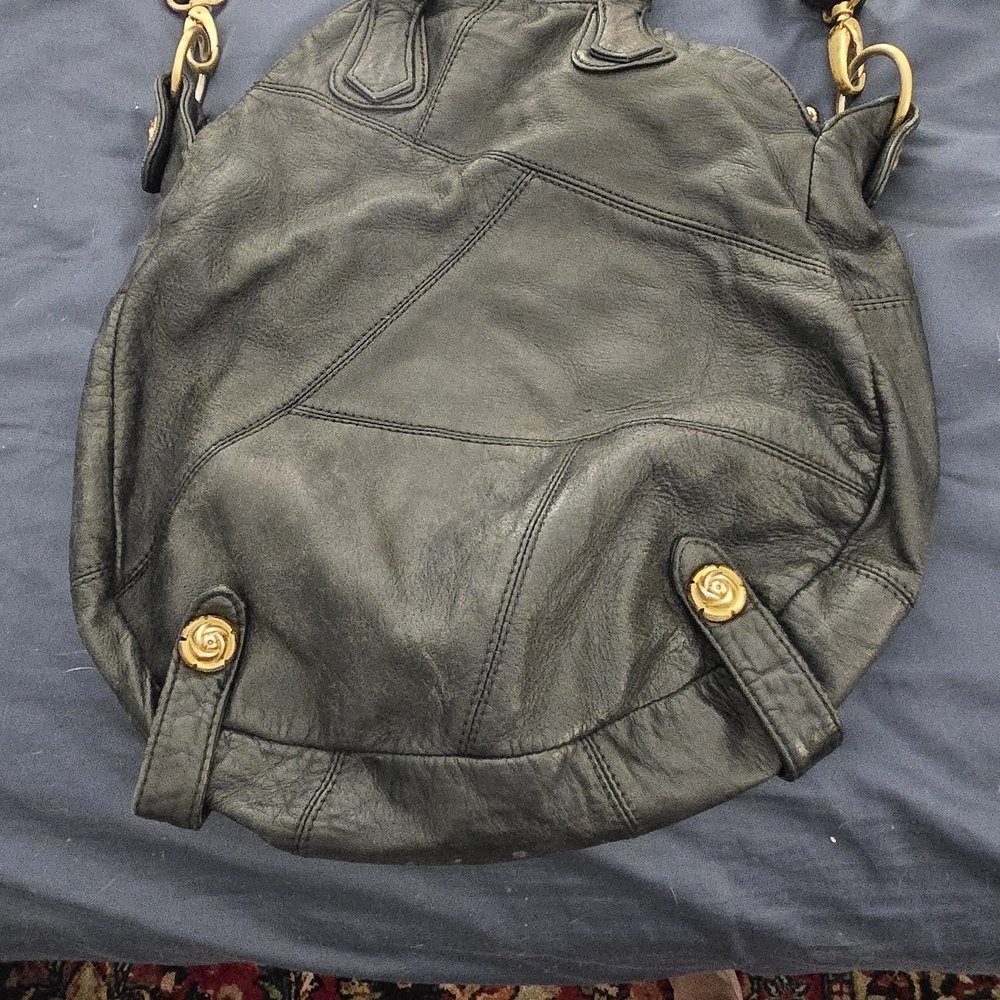 Rough Roses Black Leather Shoulder Bag with Gold Logo Plate